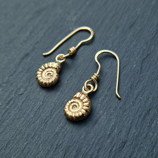 Cast Ammonite Dangly Earrings - Gold