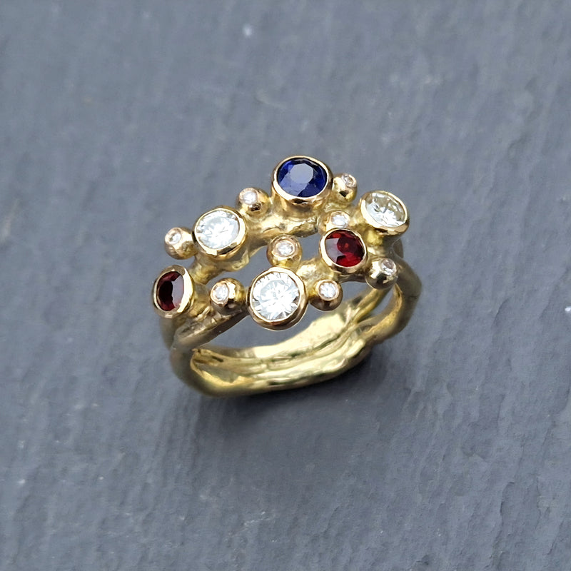 18ct yellow gold organic ring cluster with sapphires, rubies and diamonds, 2025