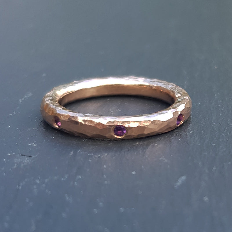 9ct Rose gold beaten halo eternity ring with amethyst, 2020