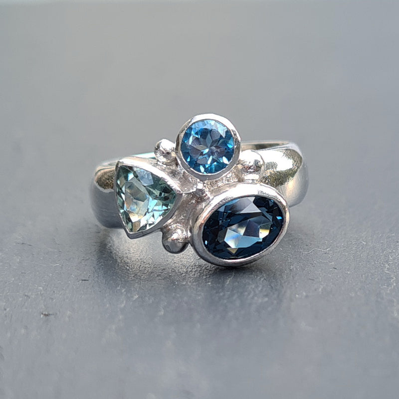 Silver, blue topaz and blue tourmaline ring, 2020