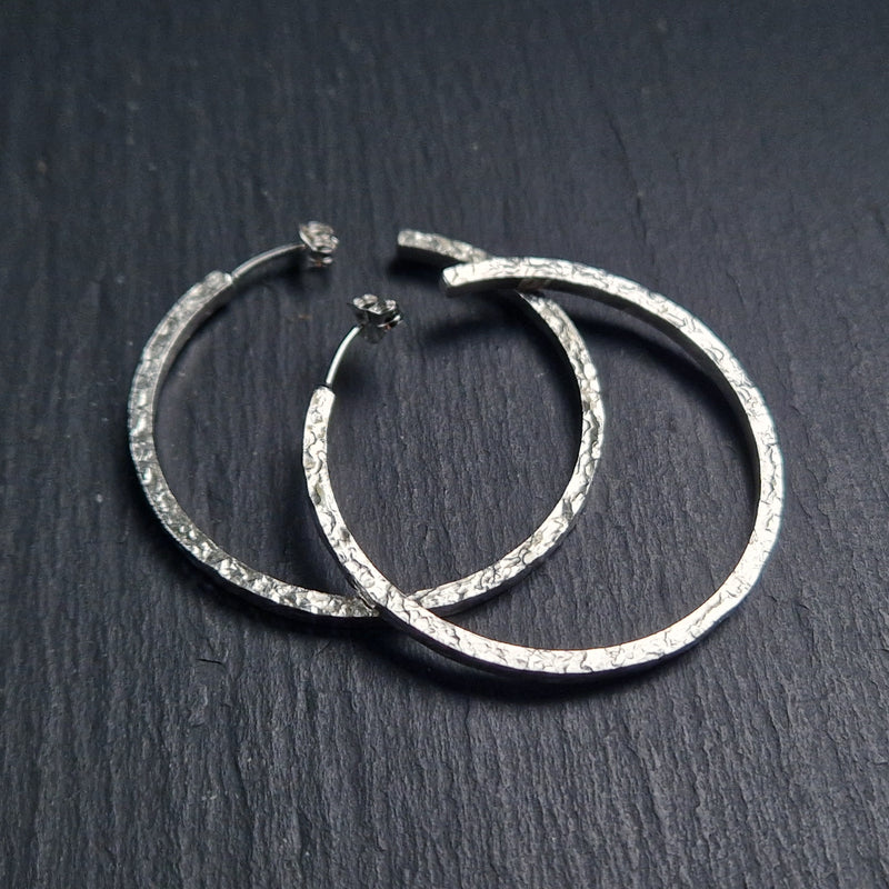 Erosion silver hoops, 2mm square profile, 4cm diameter, 2024