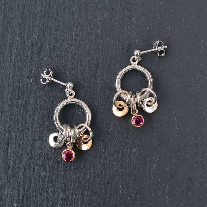 Silver, 9ct yellow gold & ruby dangly earrings, 2021