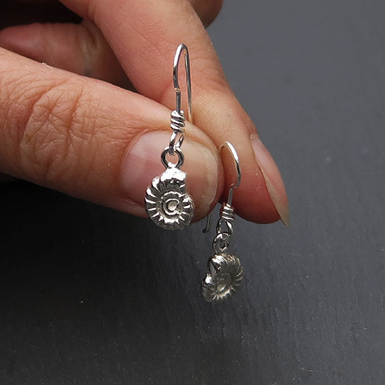Cast Ammonite Dangly Earrings - Silver