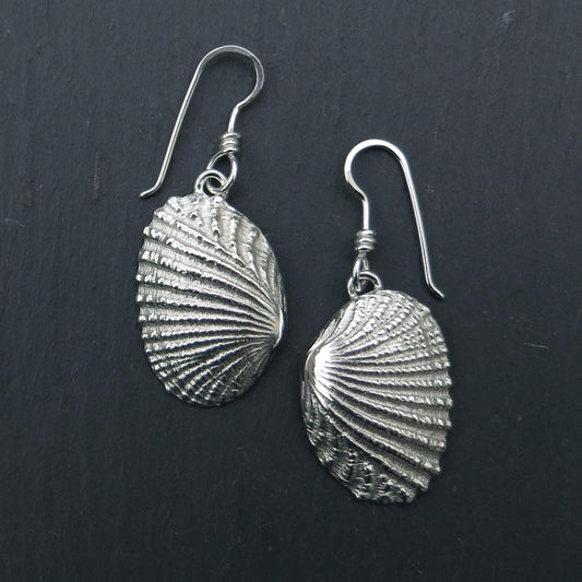 Ridged Shell Dangly Earrings - Silver