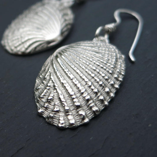 Ridged Shell Dangly Earrings - Silver