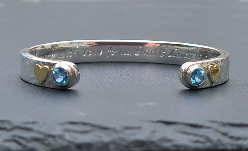Silver, 18ct gold & blue topaz torque bangle, 2021