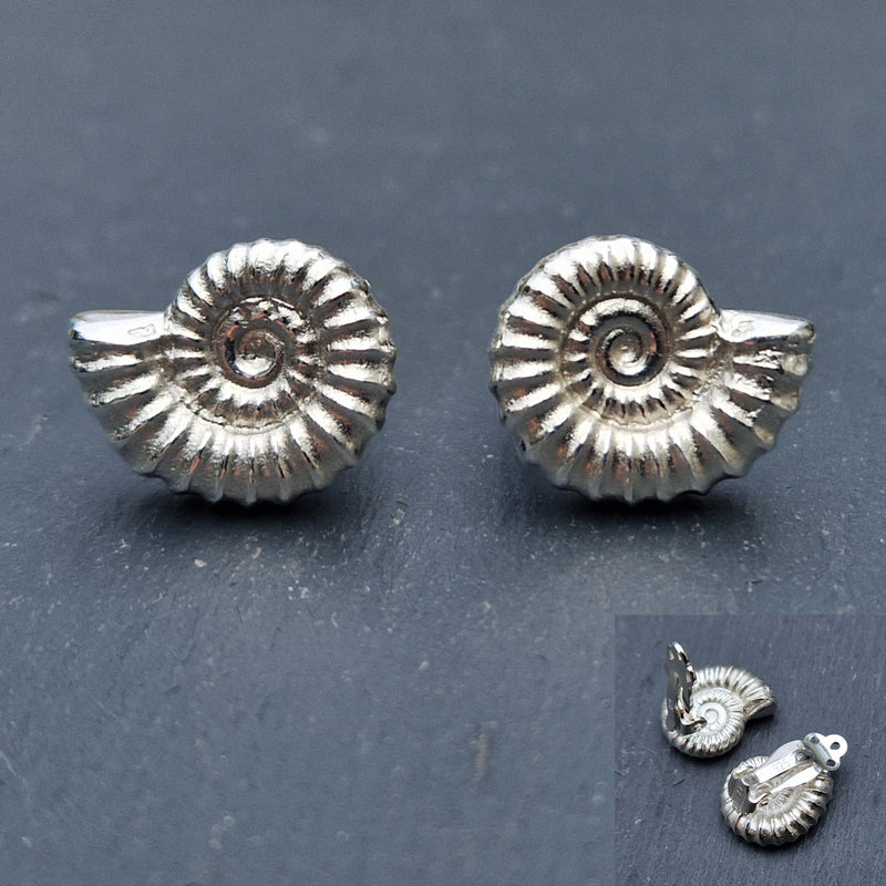 Silver cast ammonite clip-on earrings, 2023