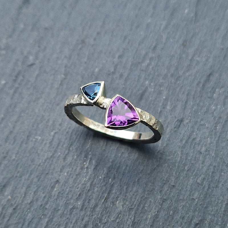 Silver and two trillion-cut stones; amethyst and London blue topaz, 2024