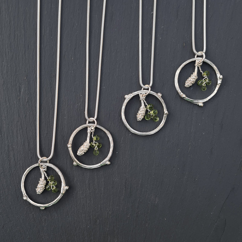 Silver & peridot woodland inspired wedding gifts for four bridesmaids, 2021